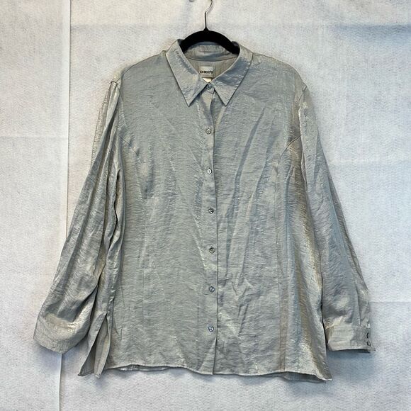 CHICO'S Shirt Women’s Size 3 Silver Shimmer Long Sleeve Button Down Blouse Top X - Picture 1 of 11